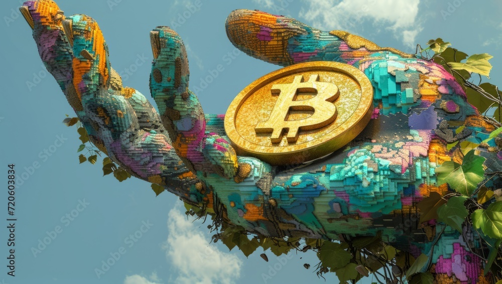 Poster a hand with a bitcoin sign in it in the style of psychadelic surrealism generative ai