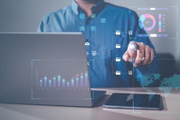 database, document, download, file, folder, management, network, storage, system, transfer. businessman checking data transfer using laptop computer with data server storage icon for data exchange.