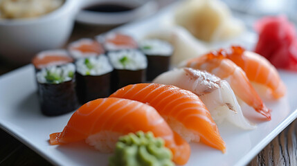 A plate of traditional sushi including nigiri and maki rolls with wasabi pickled ginger and soy sauce on the side.