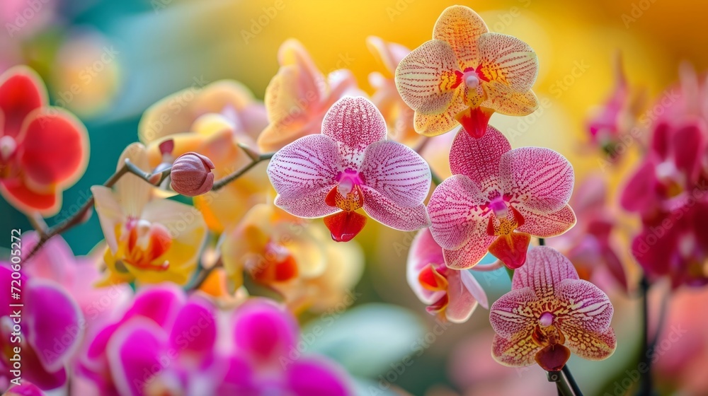 Wall mural background of exotic orchids in various colors, creating an elegant and tropical atmosphere generati