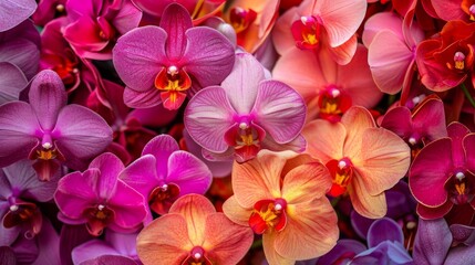 Background of exotic orchids in various colors, creating an elegant and tropical atmosphere generative ai