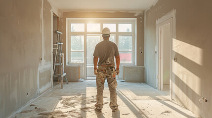 Man plastering drywall in a private house