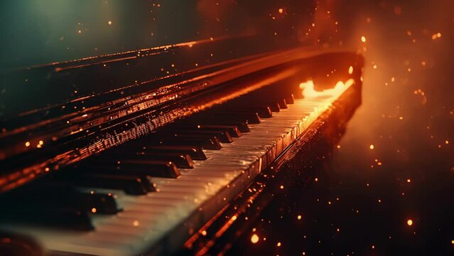 The glow of the burning piano keys illuminates the surrounding darkness calling to mind the intense and captivating nature of musical expression.