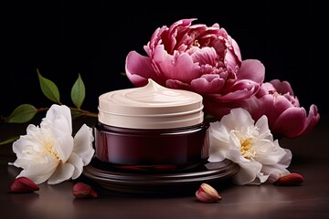 Obraz na płótnie Canvas cosmetic cream product presentation on the podium with peonies flowers on the background. rich burgundy background