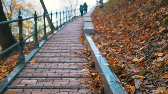 People Walk by a Pedestrian Bridge against the Backdrop of Fallen Autumn Leaves. Colorful wet maple leaves. Park. Climbing stairs to Vladimir Hill, Kyiv. Copy space. Blurred motion, autumn background.