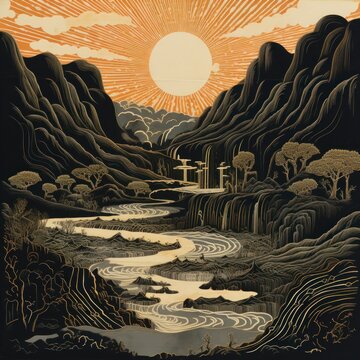Mountain landscape with firs, river and stones. Sunset. Sunrise. Wildlife sketch style