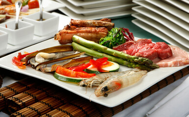 Raw seafood and meat 