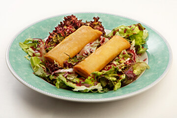 Asian cuisine. Eggrolls and salad
