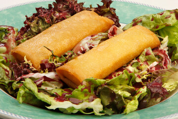 Asian cuisine. Egg rolls with salad