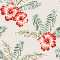 Tropical red hibiscus flowers, palm leaves, beige background. Vector seamless pattern. Jungle foliage illustration. Exotic plants. Summer beach floral design. Paradise nature