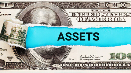 Assets. The word Assets in the background of the US dollar. Various Assets Composition - Real Estate, Stocks, Gold, and Cash. Diversified Investment Portfolio Concept for Wealth Management - obrazy, fototapety, plakaty