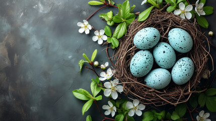 Easter card background, Easter card, nest with Easter eggs on a dark background, generated AI - obrazy, fototapety, plakaty