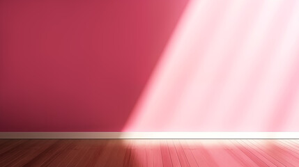 Obraz premium Empty Modern Interior mockup. Sunlight creates striped pattern on pink wall with wooden floor