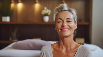 Elderly woman smiling with closed eyes while enjoying spa treatment under soft lighting