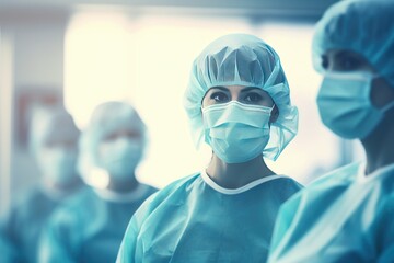 Team of doctor in a hospital background, Hospital medical team banner with group of smiling healthy doctors and nurses, Ai generated