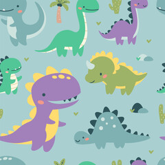 Seamless vector pattern. Cute dinosaurs in bright colors. Illustrations in a simple children's style. Blue background . Vector illustration