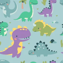 Foto op Plexiglas Seamless vector pattern. Cute dinosaurs in bright colors. Illustrations in a simple children's style. Blue background . Vector illustration © Alena