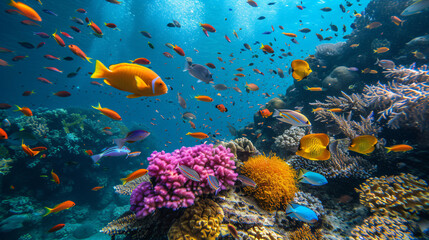 Obraz na płótnie Canvas A school of colorful tropical fish swimming around a vibrant coral reef showcasing the diversity and beauty of underwater ecosystems.
