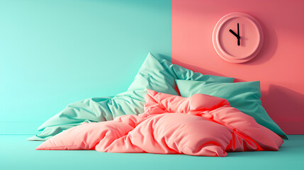 Blanket and pillows in mint pink colors with an aralm on the colored wall. A splash of color for a refreshing sleep environment on World Sleep Day. Pink and turquoise bedding for World Sleep Day.