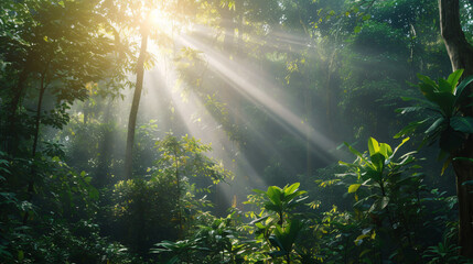 A serene forest in early morning light with sunbeams piercing through dense foliage.
