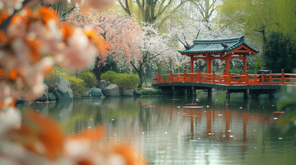 A serene Japanese garden with a koi pond traditional bridges and flowering cherry blossoms.