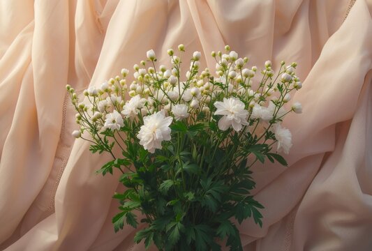the bride holds a white flower bouquet with peonies