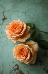 three orange roses sitting on a green surface