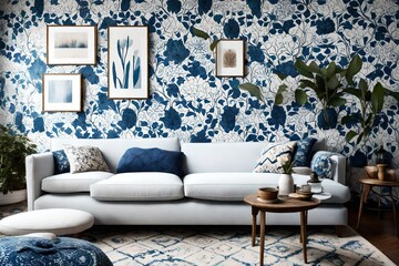 white sofa against a backdrop of a blue motifs patterned wall, infusing the space with a boho or eclectic charm that embodies modern living room aesthetics