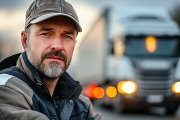 portrait professional driver looking at camera. on the background of a truck, bokeh