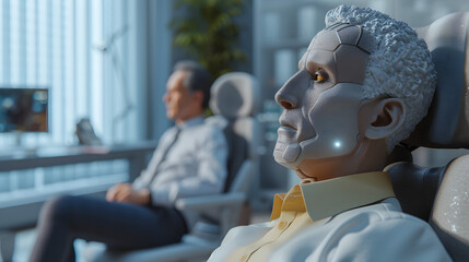 a humaoid ai, looking relaxed and friendly performing psychiatric services in an office, sitting beside a human,