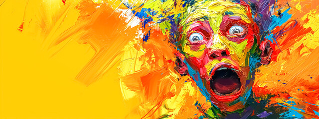 abstract expressionist painting portraying a face in a state of shock or surprise, with a chaotic mix of bright colors splashed across the canvas, set against a vivid yellow background