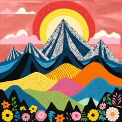 Free Hand draw shape landscape panorama. Organic doodle shapes naive art, contemporary backgrounds. flowers and mountains