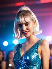Fototapeta premium A woman with blonde hair and bangs, wearing a blue dress and red lipstick, poses for a picture. She has chandelier earrings and her hair is styled in a pageboy cut.