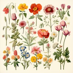 Botany. Set. Vintage flowers. Herbs and Wild Flowers. Colorful illustration in the style of engravings.