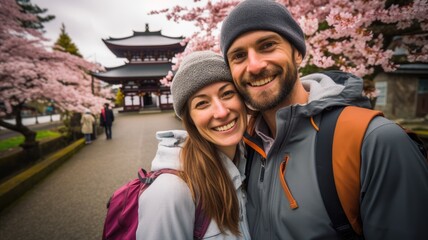 A young couple bearded international travel in Fuji japan landmark smiling and looking camera wide...