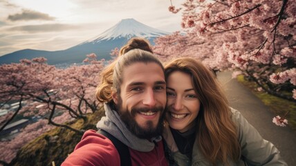 A young couple bearded international travel in Fuji japan landmark smiling and looking camera