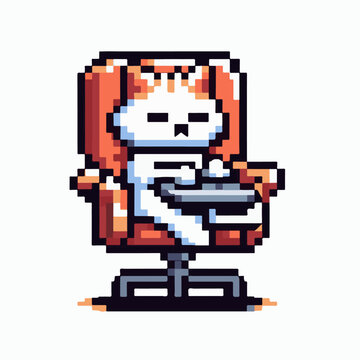 Lazy cat sitting in the chair in pixel art style