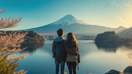 Glasbilder Fuji A young friend bearded international travel in Fuji japan landmark with lake