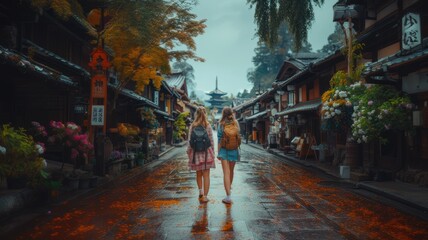 A young couple bearded international travel in Fuji japan landmark smiling and looking camera