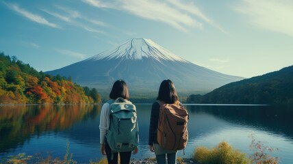 A young friend bearded international travel in Fuji japan landmark with lake - obrazy, fototapety, plakaty