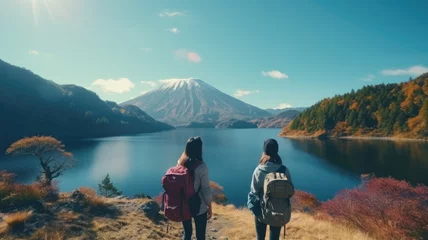 Afwasbaar Fotobehang Fuji A young friend bearded international travel in Fuji japan landmark with lake