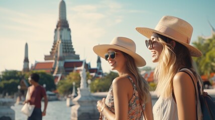 Amarican friends, travel and tourism concept. Beautiful american girls looking for direction in the thailand wat arun
