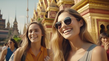 Amarican friends, travel and tourism concept. Beautiful american girls looking for direction in the...
