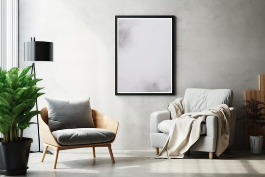 Mockup poster frame on the wall of living room with armchair. apartment background with contemporary design. Modern interior design.