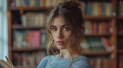 young beautiful woman in the library reading a book