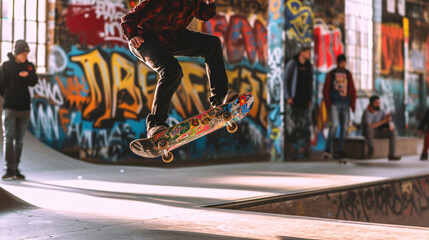 A skilled skateboarder performing a kickflip in an urban skatepark.