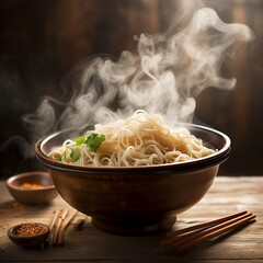 A bowl of ramen noodles  with steam rising from the bowl. 