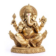 Fototapeta na wymiar Golden Lord Ganesha Sculpture on White Background