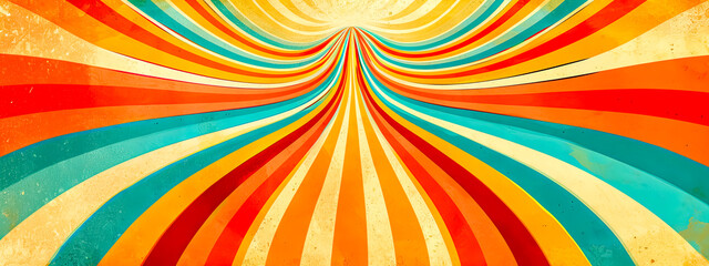 retro-style design with bold, radiating stripes in a spectrum of warm to cool colors, creating a hypnotic and dynamic effect that draws the viewer's eye toward the center