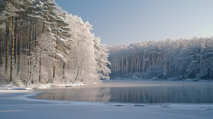 A snow-covered forest in winter with frost-laden trees and a frozen lake.